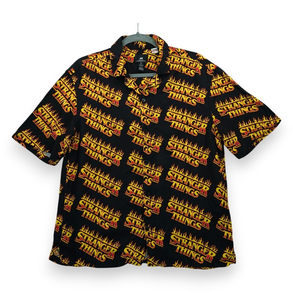 H&M Stranger Things Flame Logo Shirt Black Mens Small Relaxed Fit Viscose‎